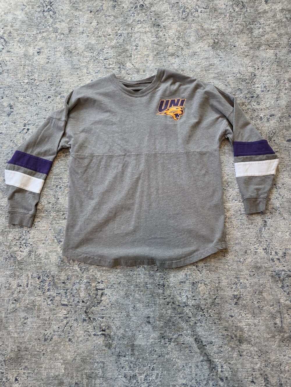 UNI Gray Long-Sleeve Graphic Shirt with Purple & White Sleeve Stripes
